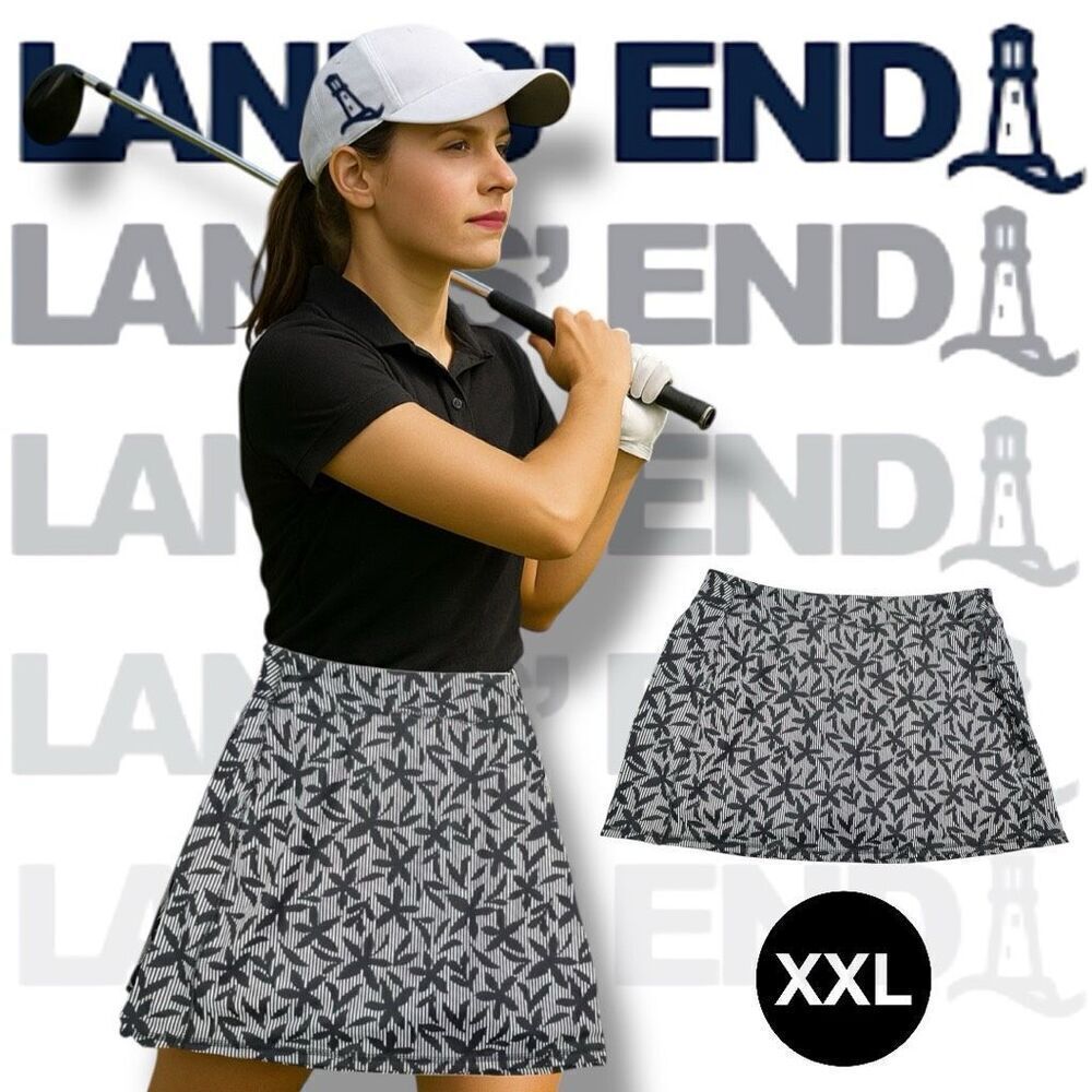 Lands' End Women's Floral Print Pull-On A-Line Skort Skirt Black White Size 2X